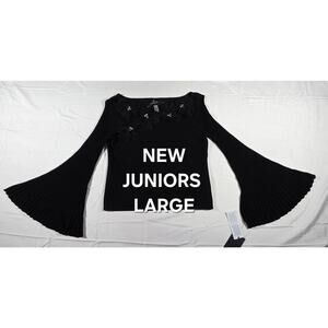 NEW JUNIORS LARGE OFF THE SHOULDER TRUMPET SLEEVE SWEATER WITH CRYSTAL FLORAL